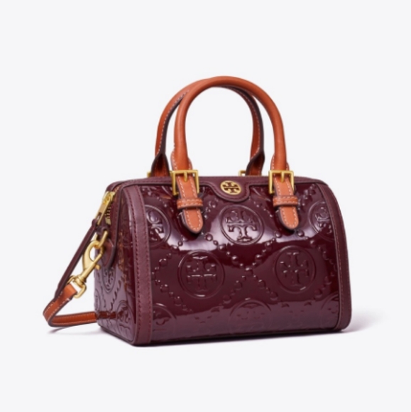 Tory Burch Handbags - NWT Tory Burch T Monogram Patent Embossed Mini Barrel Bag in Albarossa